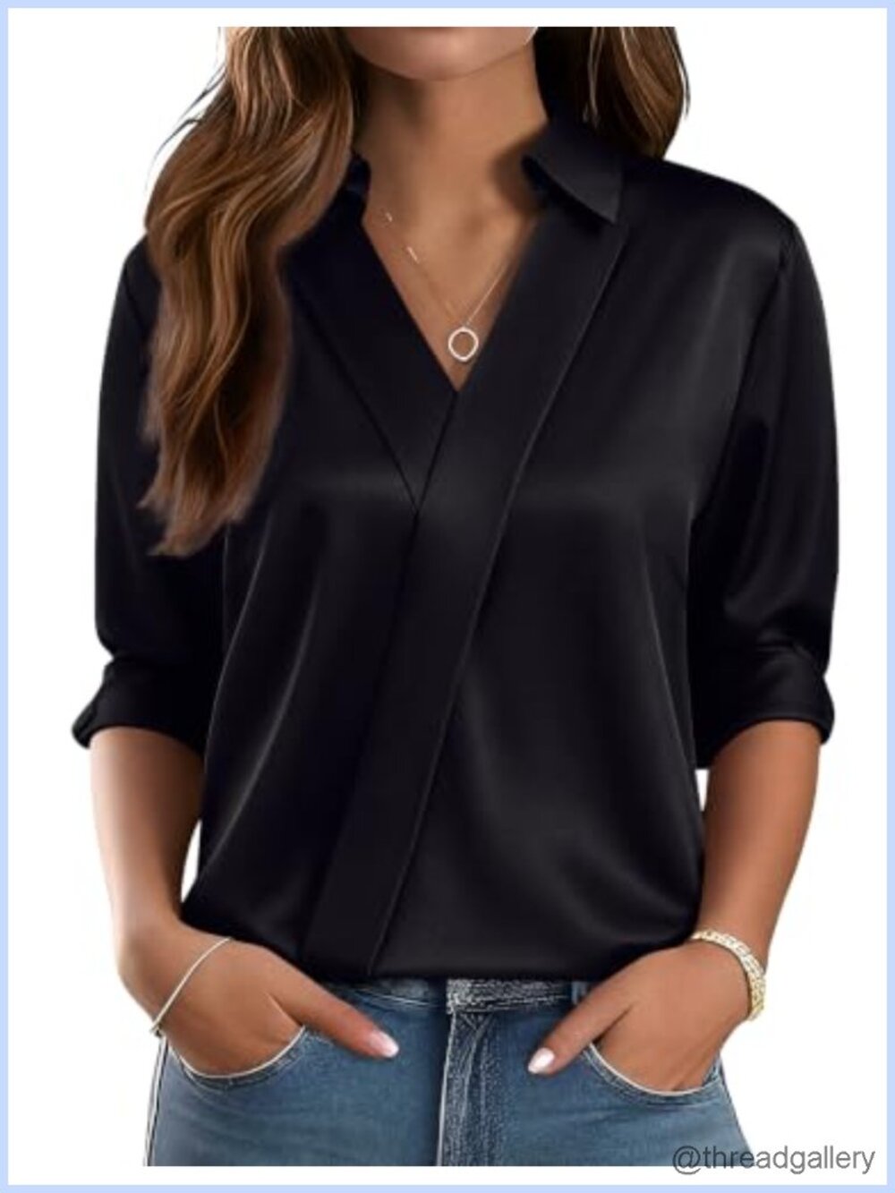 LOMON Satin V Neck Long Sleeve Dressy Blouse Office Top